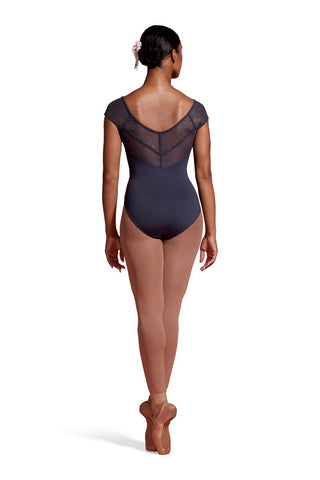 Ladies Pleated Bodice Paneled Mesh Cap Sleeve Leotard in Pewter by Bloch (M5096LM)