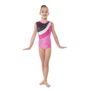 Electric Pink Sleeveless Gymnastics Leotard Velvet/Astro Silver Foil by Tappers and Pointers - Shopdance.co.uk