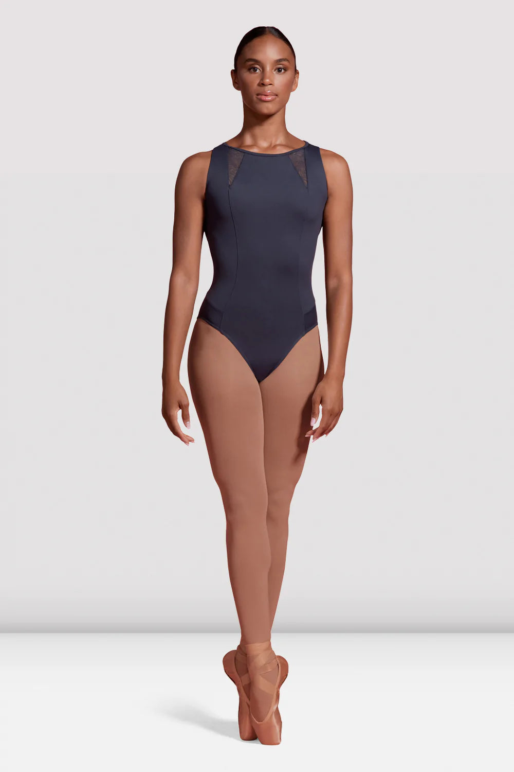 Ladies Mirella Seville Spliced Mesh Open Back Leotard M3100LM. Pewter Grey