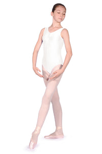 Girls-Women's Sleeveless White Nylon Lycra Leotard with Rouched Bust-line by Roch Valley Dancewear Code SHEREE - Shopdance.co.uk
