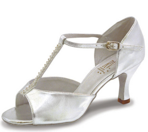 Silver Ladies Ballroom - Latin Shoe with T-Bar - 2.75" Slim flared heel by Roch Valley Code YANA - Shopdance.co.uk