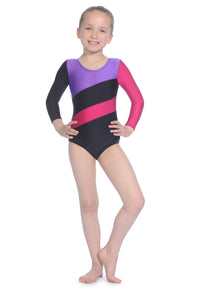 Roch Valley Childrens - Adults Long Sleeve Gymnastics Leotard (HOPPU) Black Pink and Purple - Shopdance.co.uk